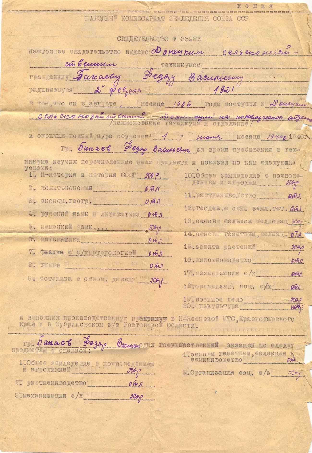 Фото: Свидетельство об окончании Донецкого сельскохозяйственного техникума, 1936-1940гг.