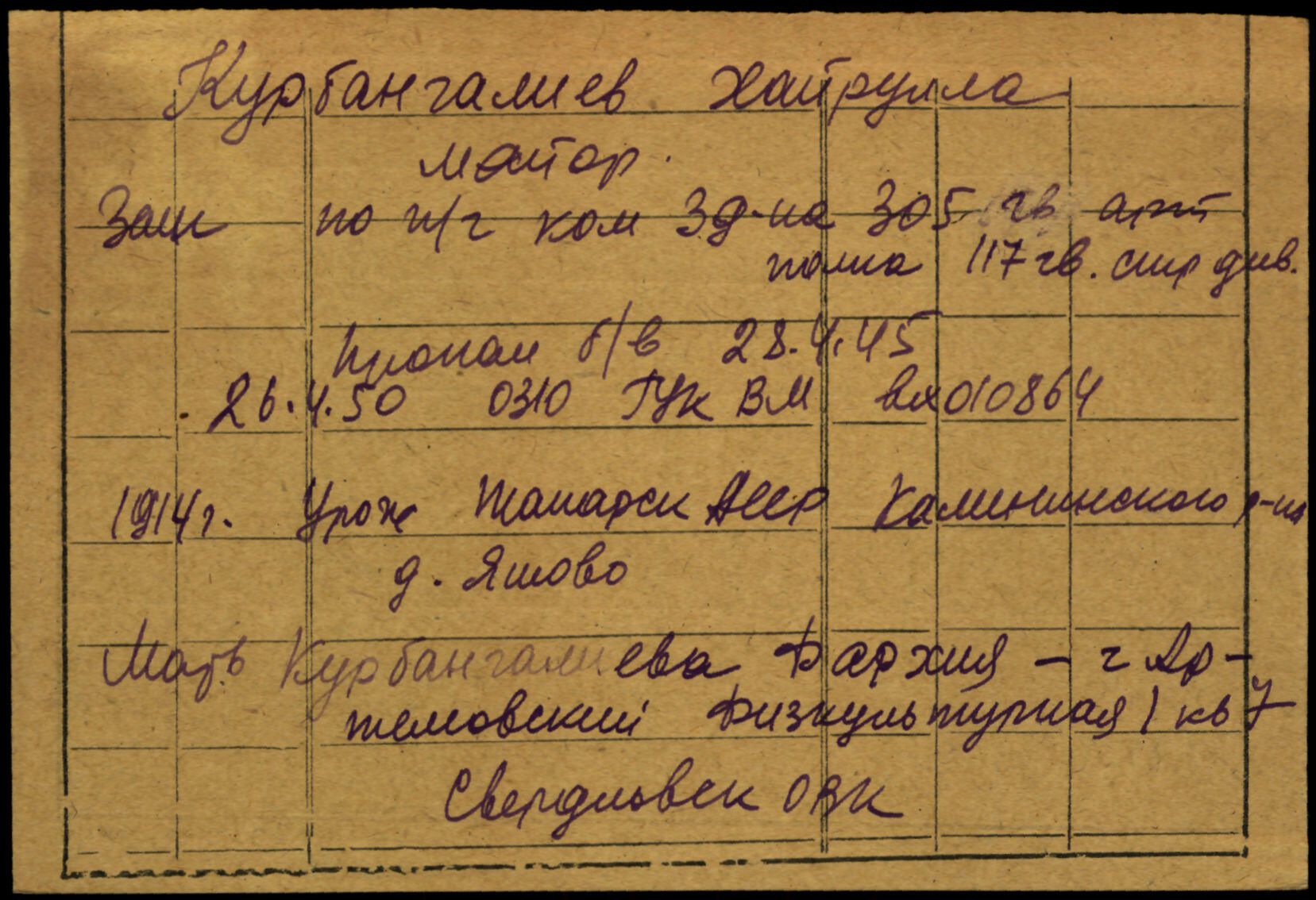 Фото: Запись в части о пропаже без вести майора Курбангалиева Хайруллы.